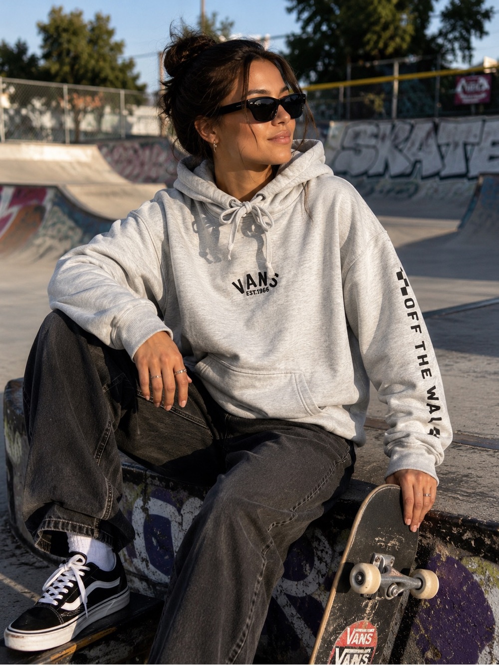 Vans Light Gray Crewneck Hoodie with 'Off The Wall' Sleeve Print small